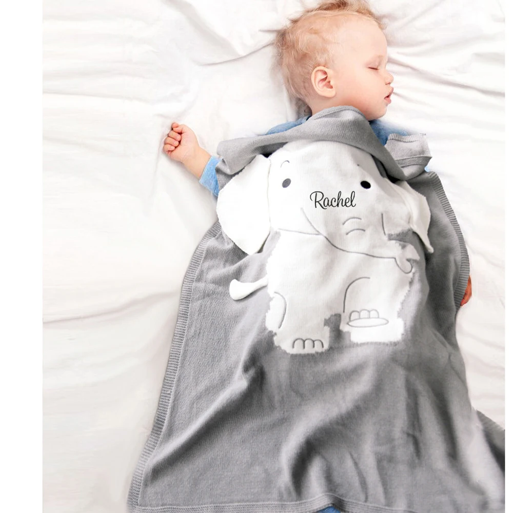 New Eephant Blanket Personalised Name Children's Knitting Blanket Beach Mat Baby Blanket Embroidery Name Kids Gift Blankets