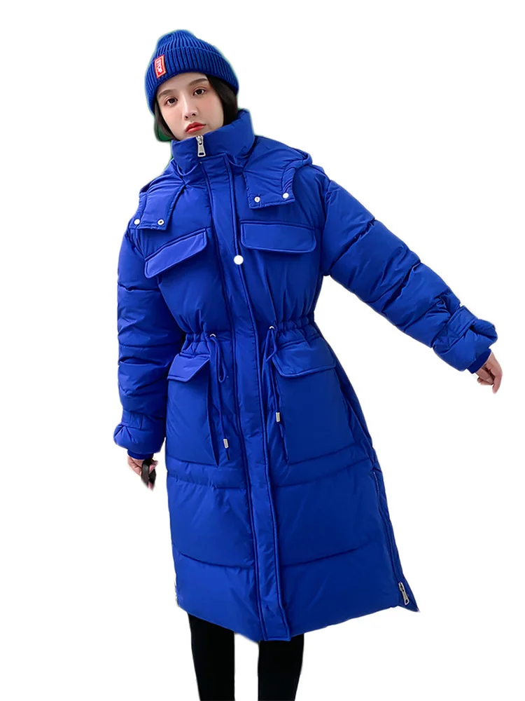 Winter Coat Women Blue Long Waterproof Stand Collar Snow Wearing Hooded Cotton Jacket 2022 New Fashion Big Thick Warmth Clothing