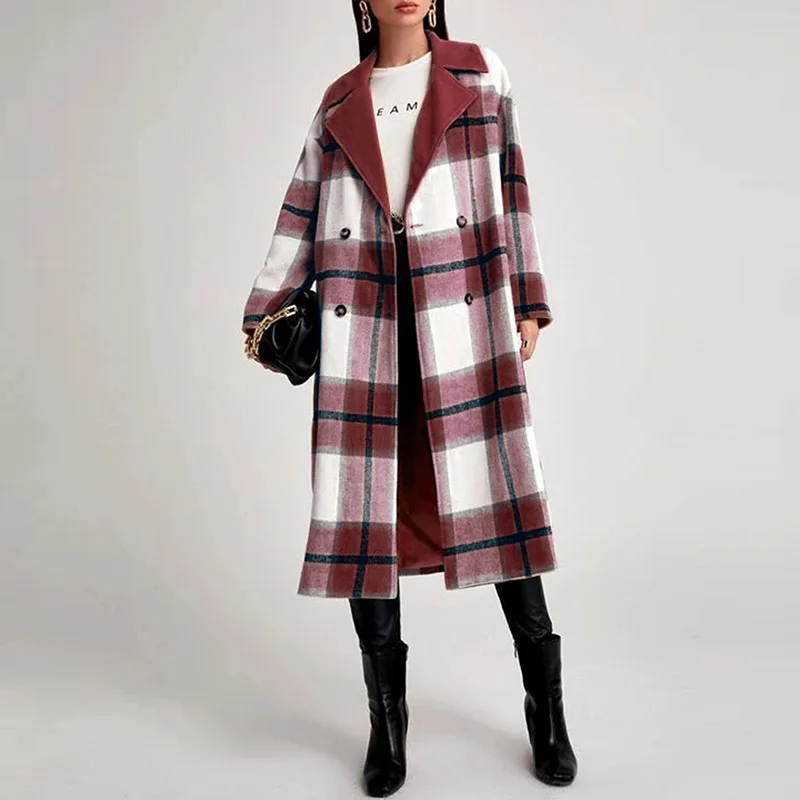 

Multicolor Plaid Lapel Loose Temperament Overcoat Women Retro Street Button Thick Jackets Cardigan Autumn Winter New Woolen Coat