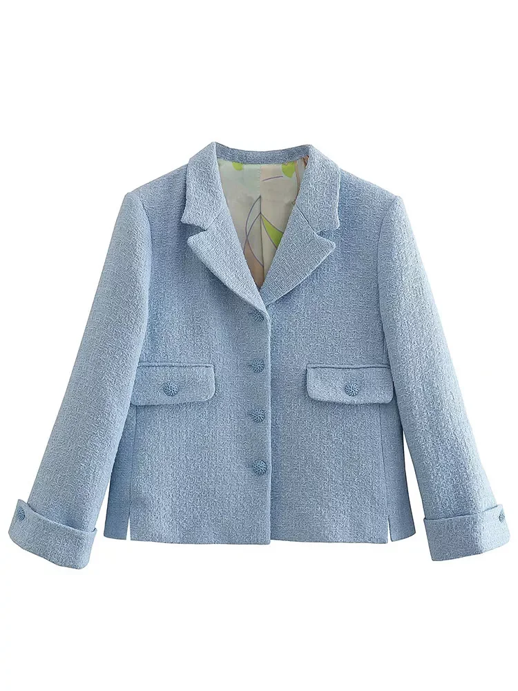 

2023New 2022 Spring Fashion Single Breasted Cropped Textures Blazer Coat Vintage Long Sleeve Pockets Female Outerwear Chic Femme