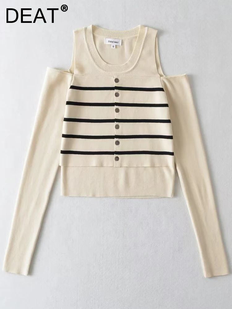 

Женский трикотажный пуловер DEAT, однобортный свитер в полоску с открытыми плечами и длинным рукавом, осень 2023