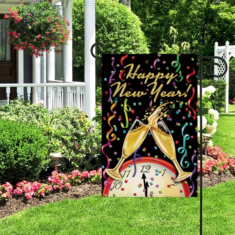 

1PC Happy New Year Pattern Linen Cotton Garden Flag Banner Indoor Outdoor Home Garden Hanging Decor