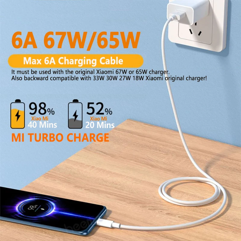 Зарядный кабель Mi Turbo 6A для Xiaomi 12 11 Pro Redmi Note Poco X3 USB Type-C быстрая зарядка Huawei Samsung 67