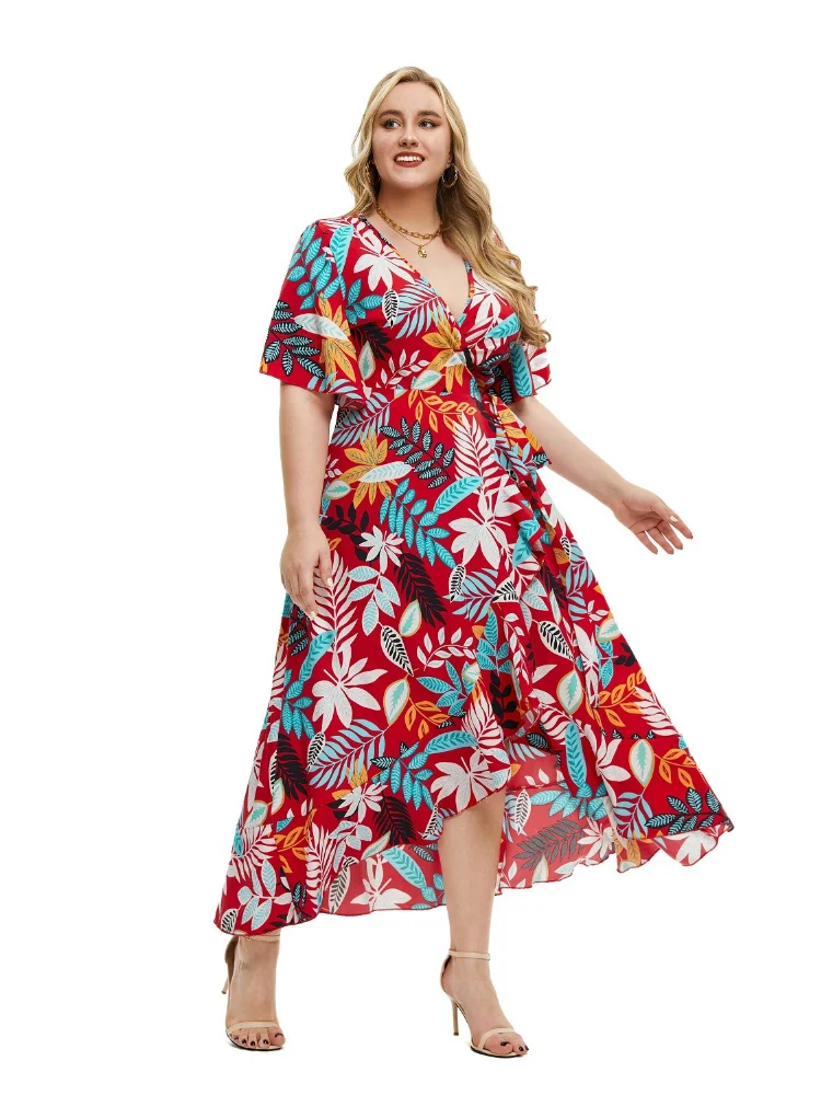 Plus size women summer new short-sleeved printed wrap dress  evening dresses  party dress