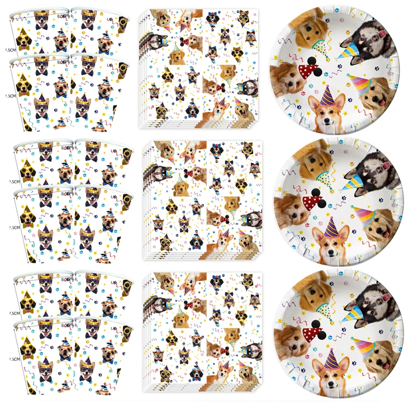 

60pcs/lot Pet Dog Theme Tableware Set Happy Birthday Party Plates Cups Dishes Decoration Baby Shower Napkins Towels