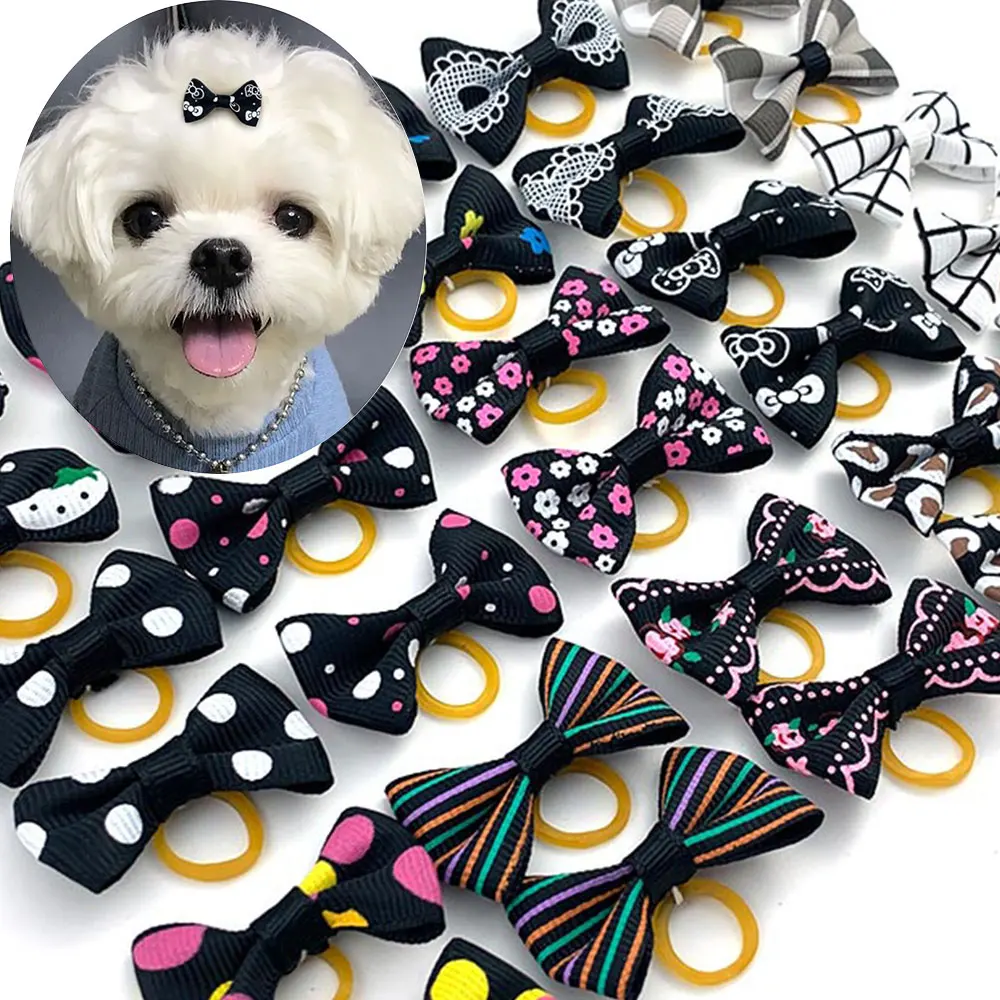 Set Cute Yorkie Pet Bows Small Dog Grooming Accessories Rubber Bands Puppy Cats Black White  Plaid Dogs Bows Headwear Pet Items