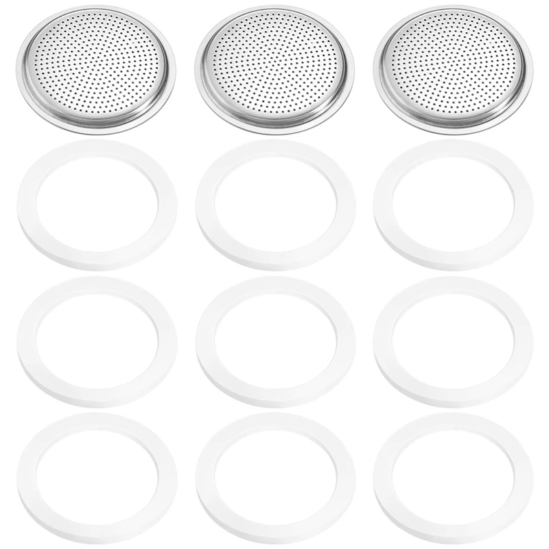 

9 Pieces Silicone Gaskets and 3 Piece Stainless Filter Gasket Stainless Steel Gasket Replacement for 6 Cup Moka Express