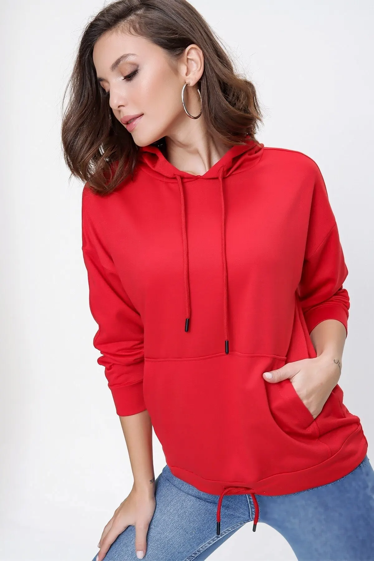 

Women's Sweatshirt Hooded 2 Thread Kangaroo Pocket LaceUp Red Hoodies Fashion All Season New Pullovers Fleece lovers Fleece