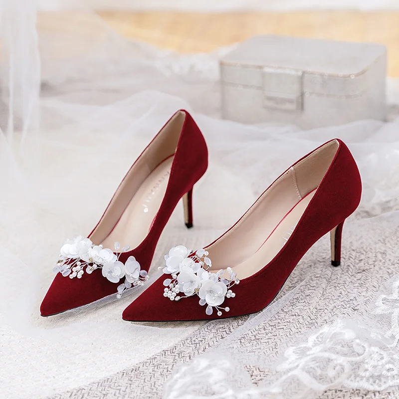 Wedding Shoes Women Bride Main Dress Pumps White Satin Stiletto High Heels Chiffon Flower Pointed Toe Slip-on Large Size 32-43