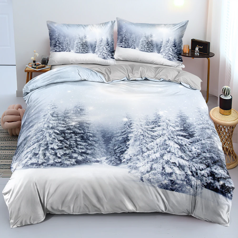 

2022 New Christmas Theme Bedding Set 2/3pcs Queen/King 220x240 Size Snow Scenery Polyester Quilt Cover For Adult Kids Bedclothes