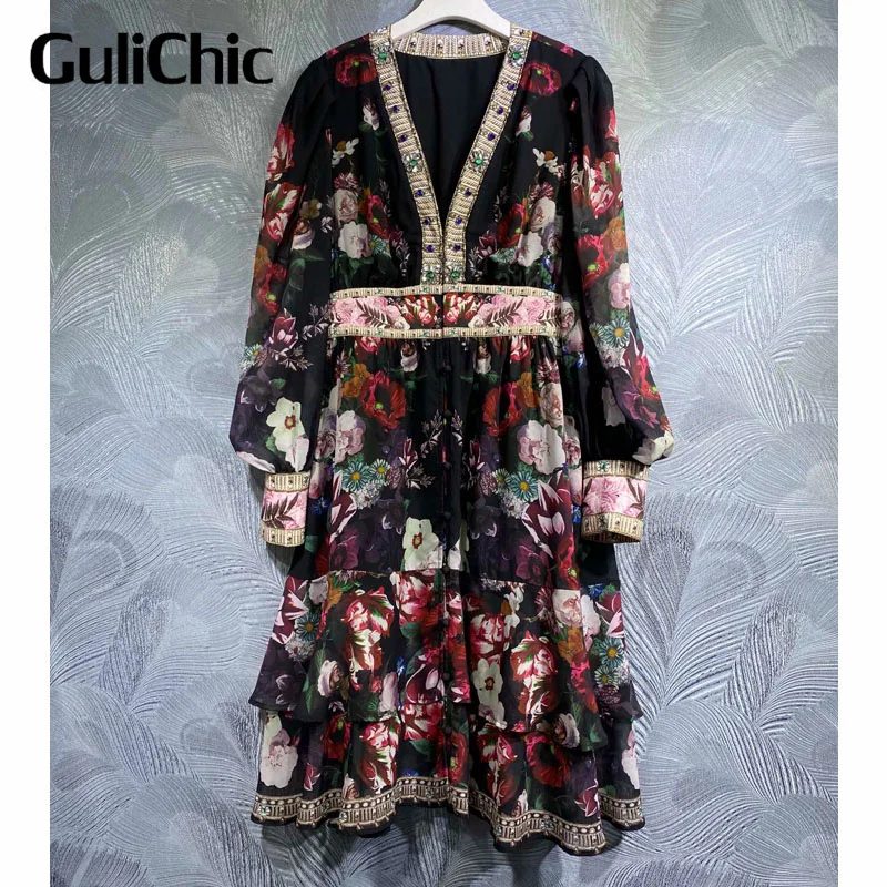 

6.7 GuliChic Women Temperamnet V-Neck Gorgeous Crystal Diamonds Decoration Collect Waist Spliced Tierred Ruffles Dress