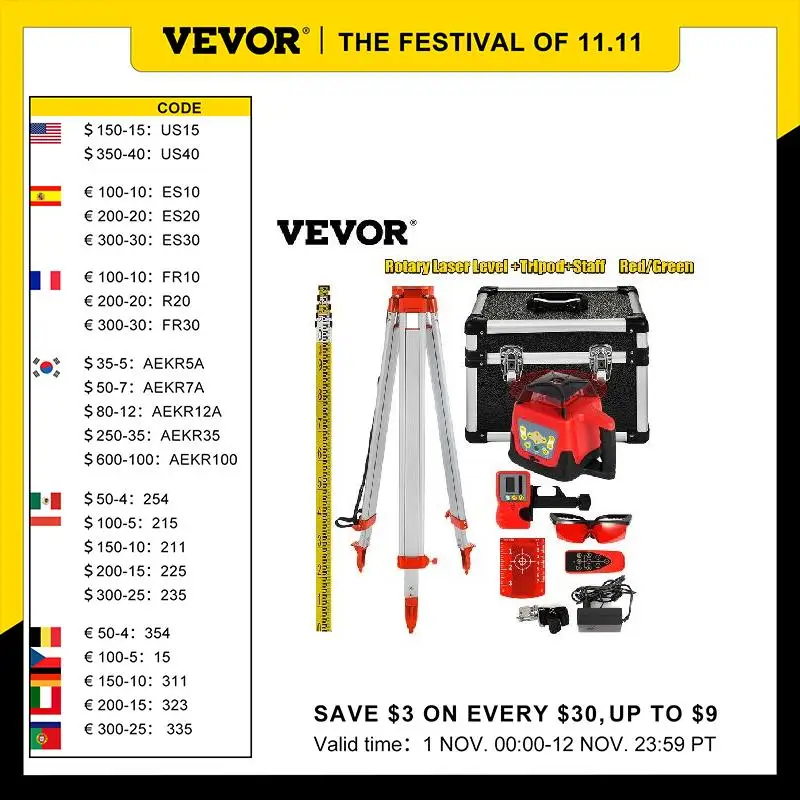 

VEVOR 360 Rotary Laser Level Auto Self-Leveling ±5 Degrees W/ Tripod & Staff Nivel Laser Construction Tools for Outdoor Industry