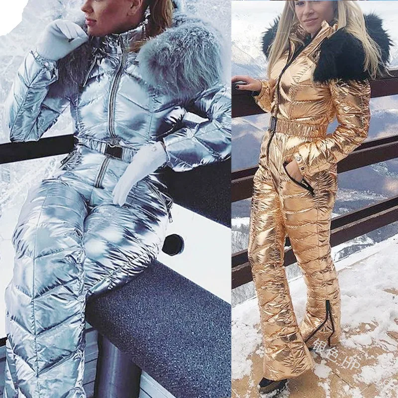 Shiny Silver Gold One-Piece Ski Suit Women Fashion Warm Skiing Jumpsuit Snowboarding Suit Female Cotton Parka Bodysuit Hoodded