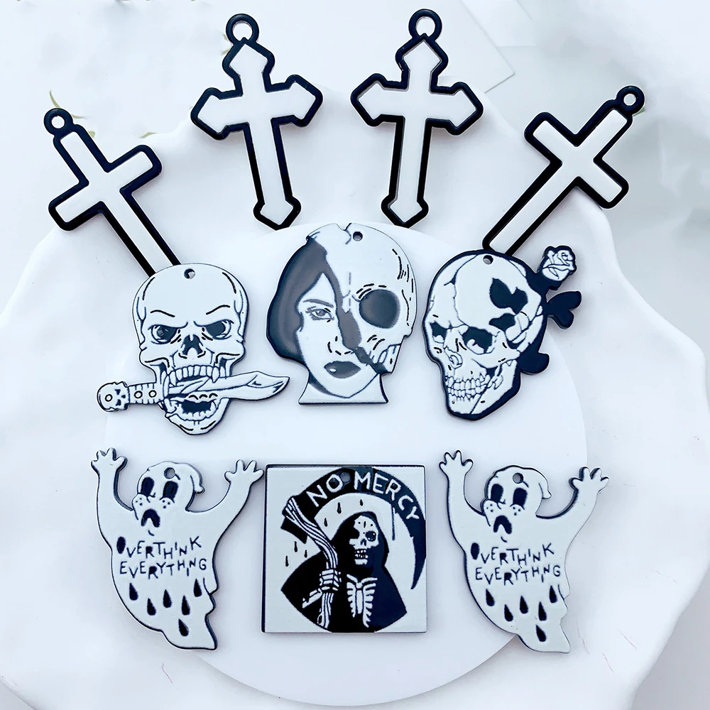 

8Pcs/Lot Acrylic Skull Cross Ghost No MERCY Halloween Charm Pendant For Earring Keychain Diy Craft Jewlery Making Accessories