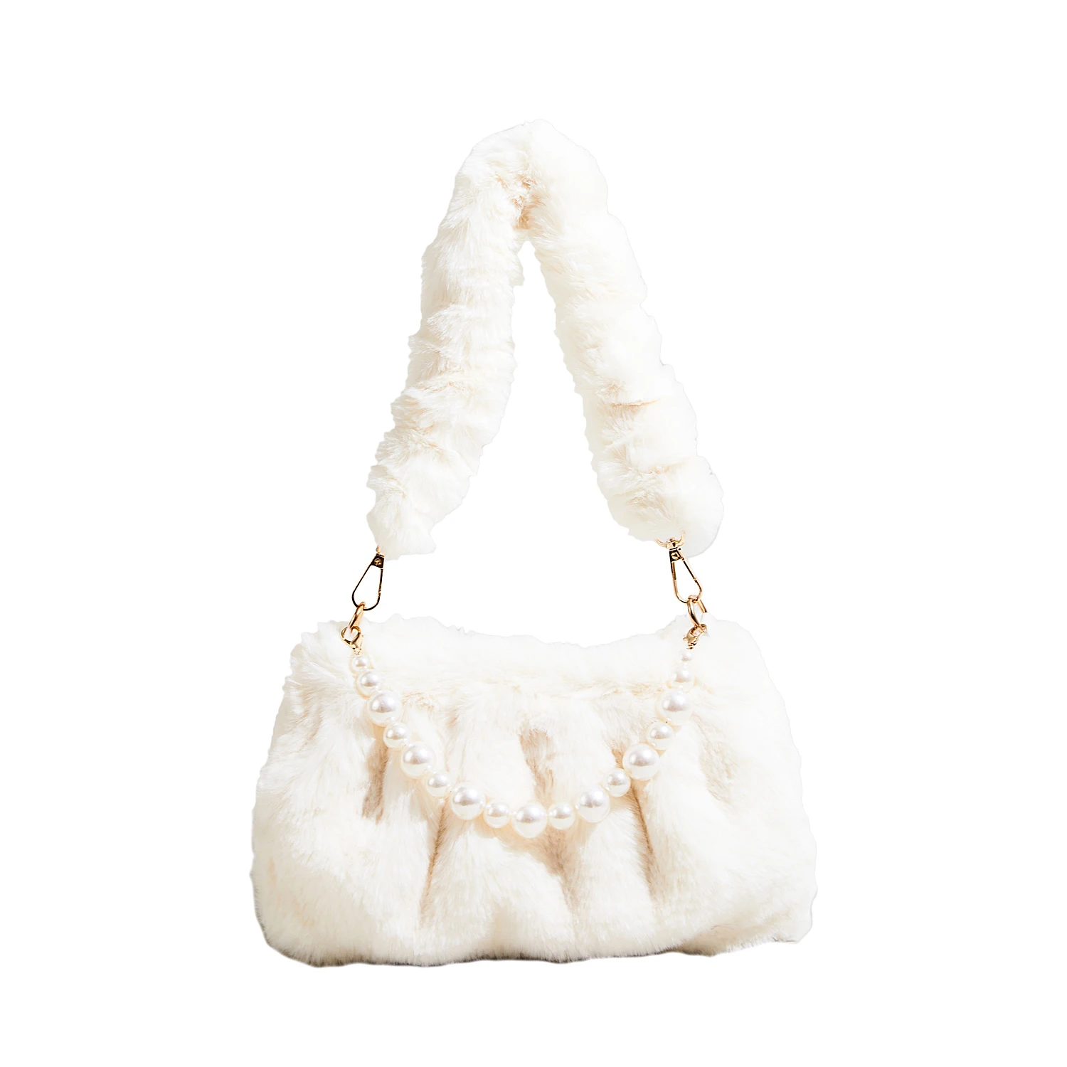 Women's Plush Bag 2023 Autumn and Winter Pleated Fur Bag Pearl Chain Underarm Bag