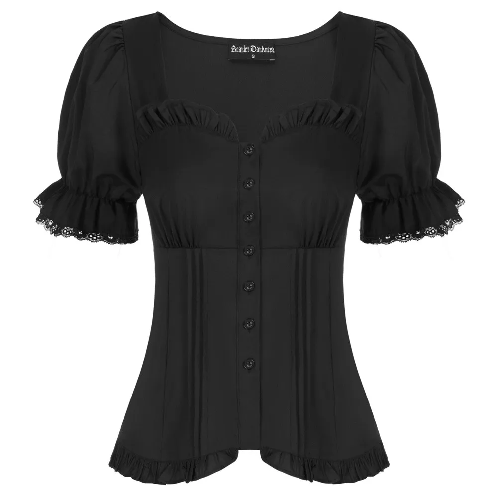 

SD Women Renaissance Shirt Puffed Short Sleeve Sweetheart Neck Tops 1950S Button Lace Elegant Blouse Vintage Summer Clothes A30