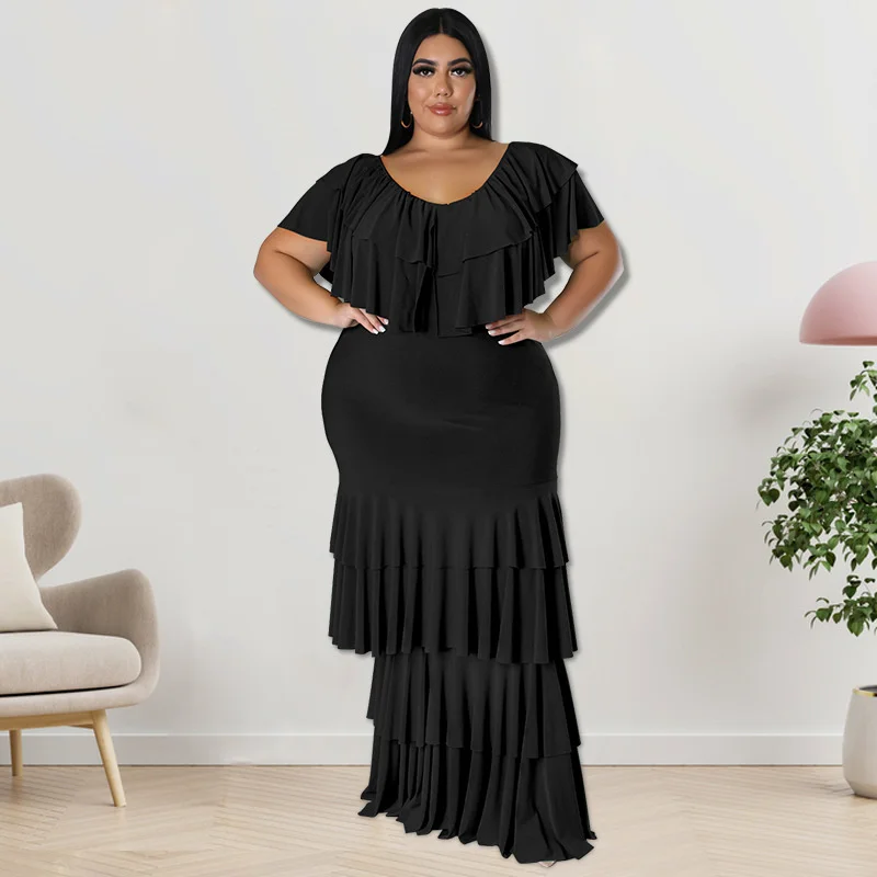 Plus Size Dresses Elegant Women's Round Neck Solid Color Multi Segment Splicing Large Pendulum Long Prom Dress
