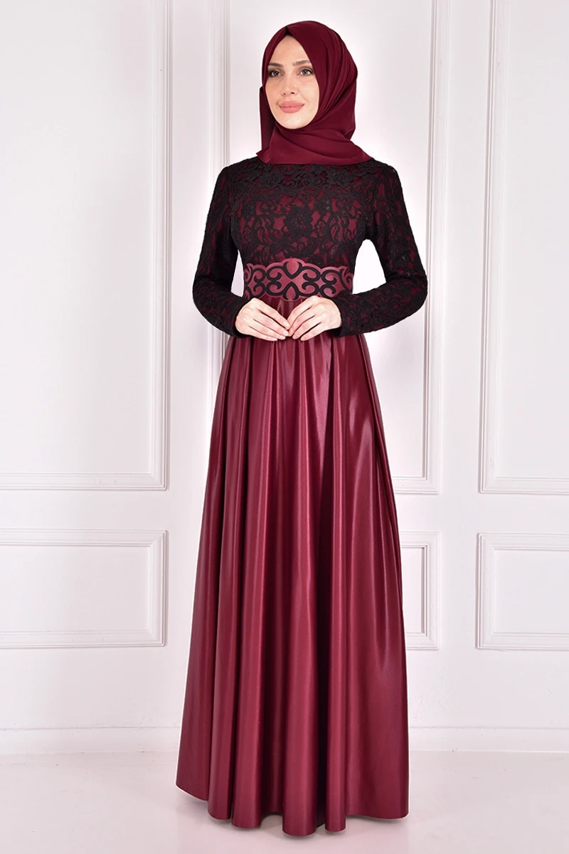 

Lace Detail Evening Dress Burgundy Occasion Dresses For Women Abaya Dress Muslim Woman Dress Saudi Arabian Abaya İslamic ASM2133