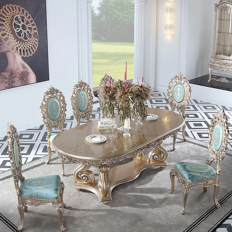 

Hesha Palace Wood 1.9m Luxury European Carved Gold Foil Table and Chair P1 French Villa Neoclassical Solid with Storage Style