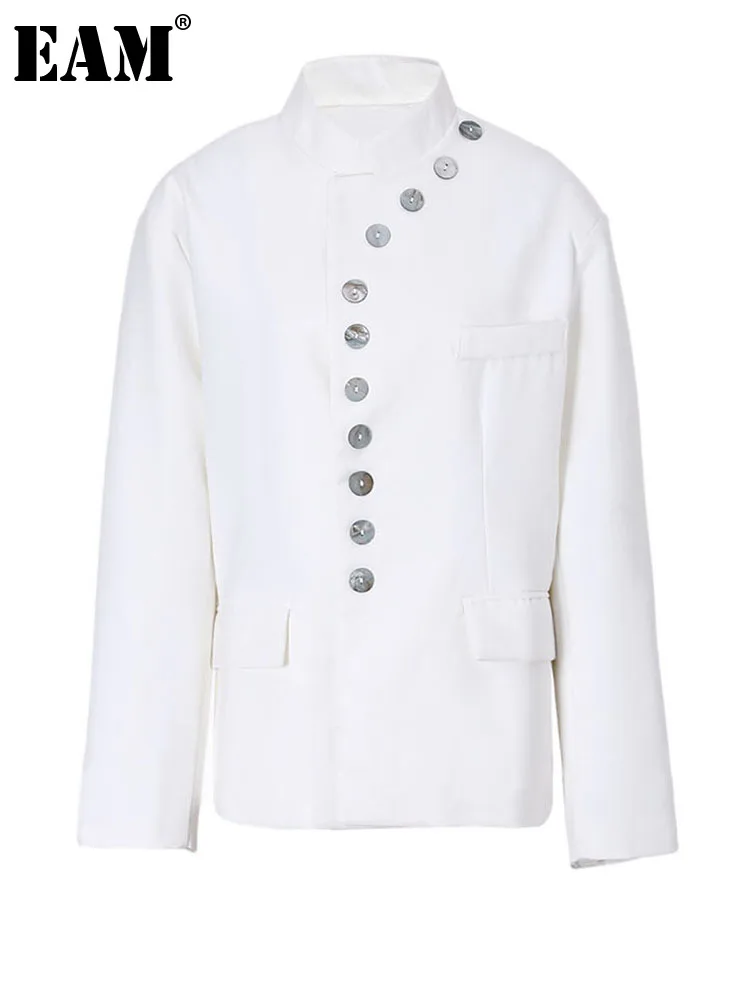 

[EAM] Women White Shell Button Big Size Blazer New Stand Collar Long Sleeve Loose Fit Jacket Fashion Spring Autumn 2023 1DF3501