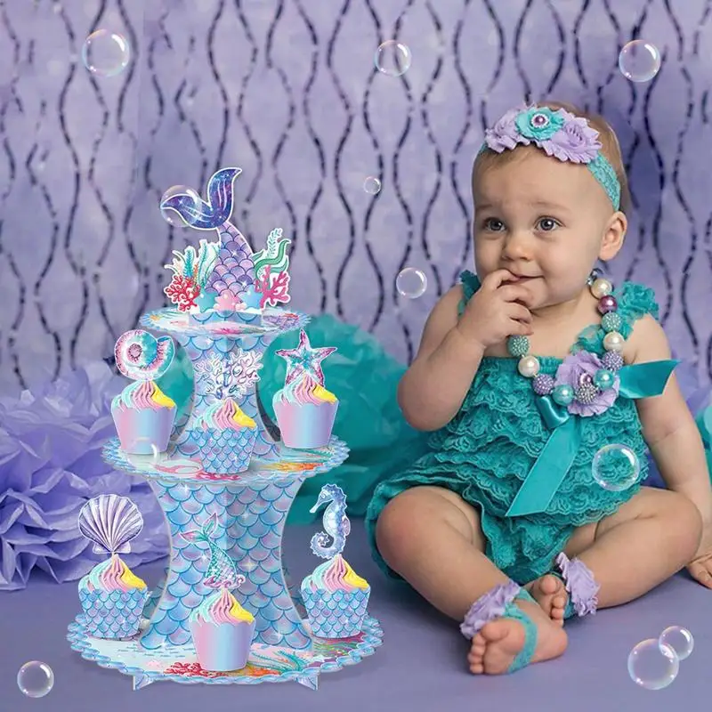 

Mermaid Cupcake Tower 3 Tier Cake Stand Display Decorations Colorful Mermaid Themed Cupcake Holder For Kids Favor Birthday Party