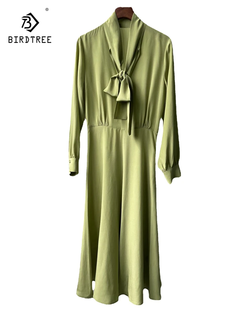 Birdtree 100%Real Silk Green Bow Midi Dress Long Sleeve V-Neck Elegant Temperament Female Robe Dress Spring New 2023 D37554QC