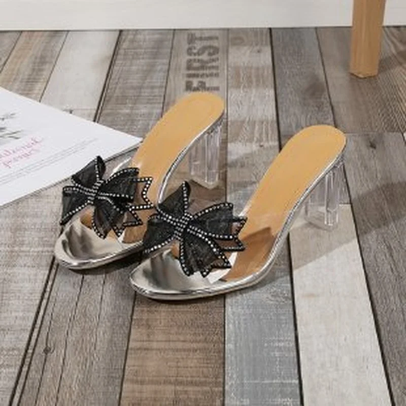

2022 Summer Ladies Slippers Super High Heel Thick Heel Solid Rhinestone Bow Fashion Transparent Sandals Women Square Heel Shoes