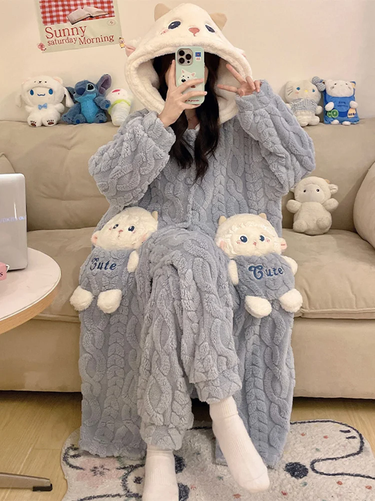Coral Fleece Pajamas Autumn and Winter Women Thickened Cartoon Cute Hood Long sleeve Nightgown Flannel Home Wear Set