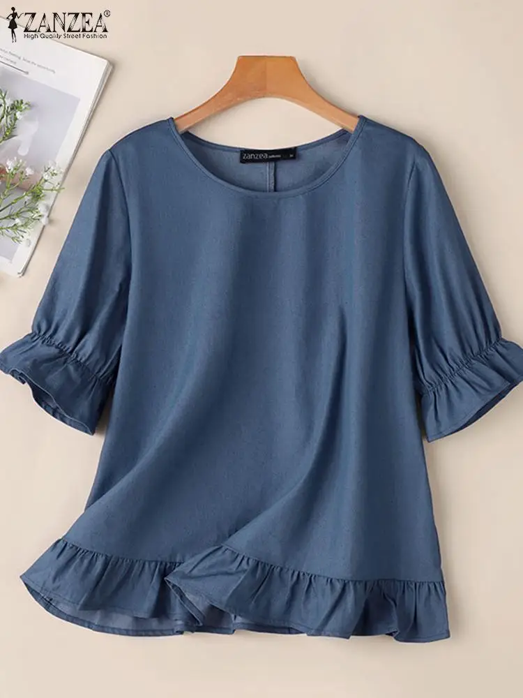 Модные летние топы ZANZEA с рукавом до локтя и оборками на подоле джинсовая синяя