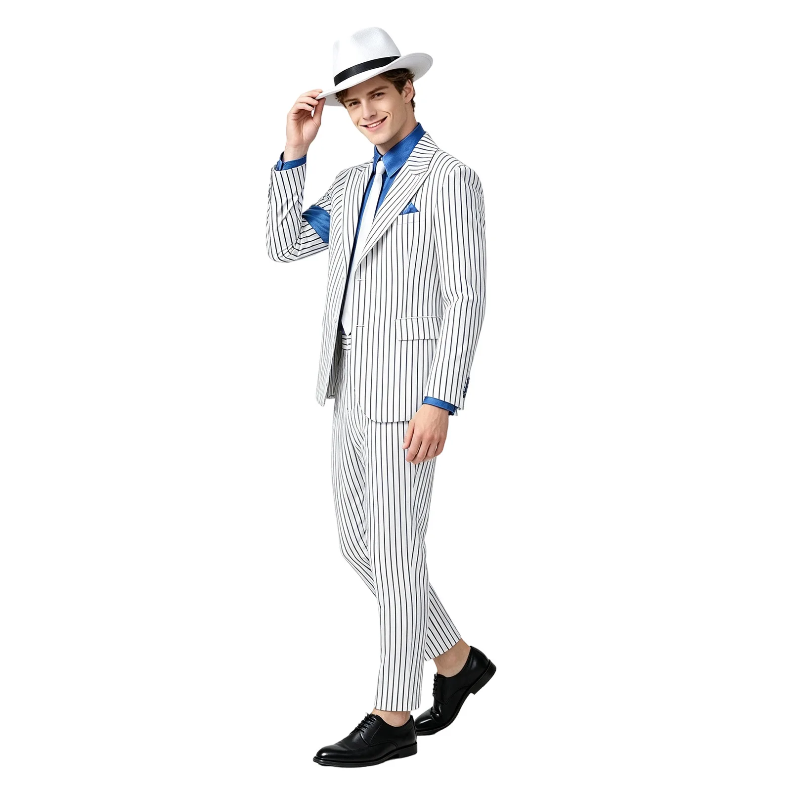 Фото Модный костюм для косплея Майкла Джексона MJ BAD Smooth Criminal, белый костюм с полосками, брюки, шляпа, унисекс, наряд для Хэллоуина и карнавала. №2