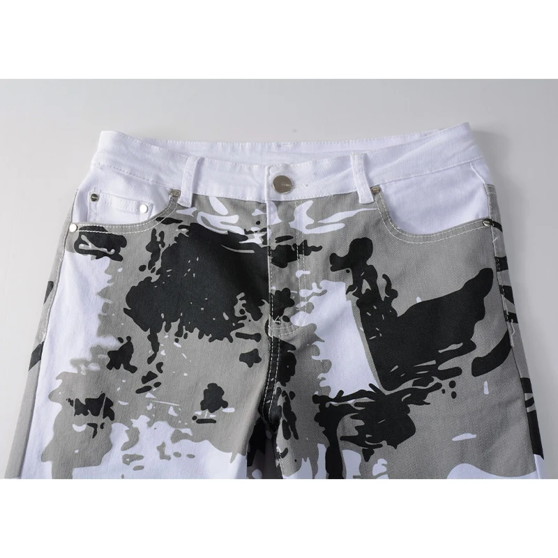2023 Spring White Camouflage Print Jeans Men Stretch Slim Straight Denim Trousers Fashion Trend Long Pants High Street Jeans