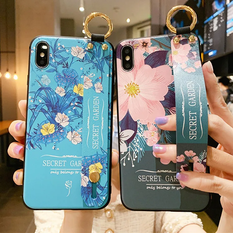 

small fresh flower Wristband Phone Case For iPhone 11 12 13 pro x xr xs max 7 8 plus Wrist Strap Holder transparent Back Cover