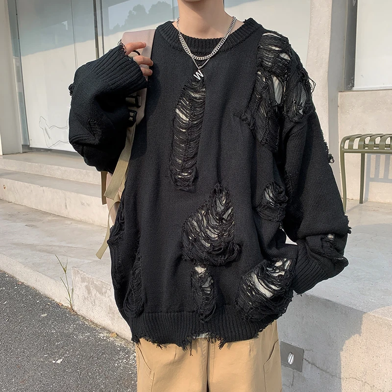 Knitted Sweater Men Fake Two Pieces Pullovers Winter Knitwear Hole Knitting All-match Design Simple Daily Leisure Clothes A99