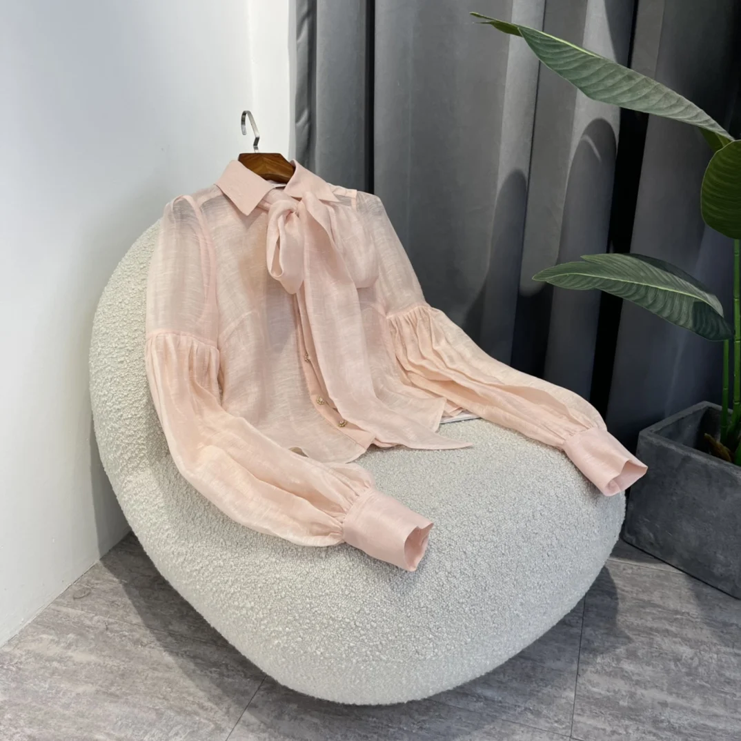 

Elegant Clothing 2022 Summer Top Quality Linen Silk Women Self Bow Tie Neckline Lantern Sleeve Pink Blouse