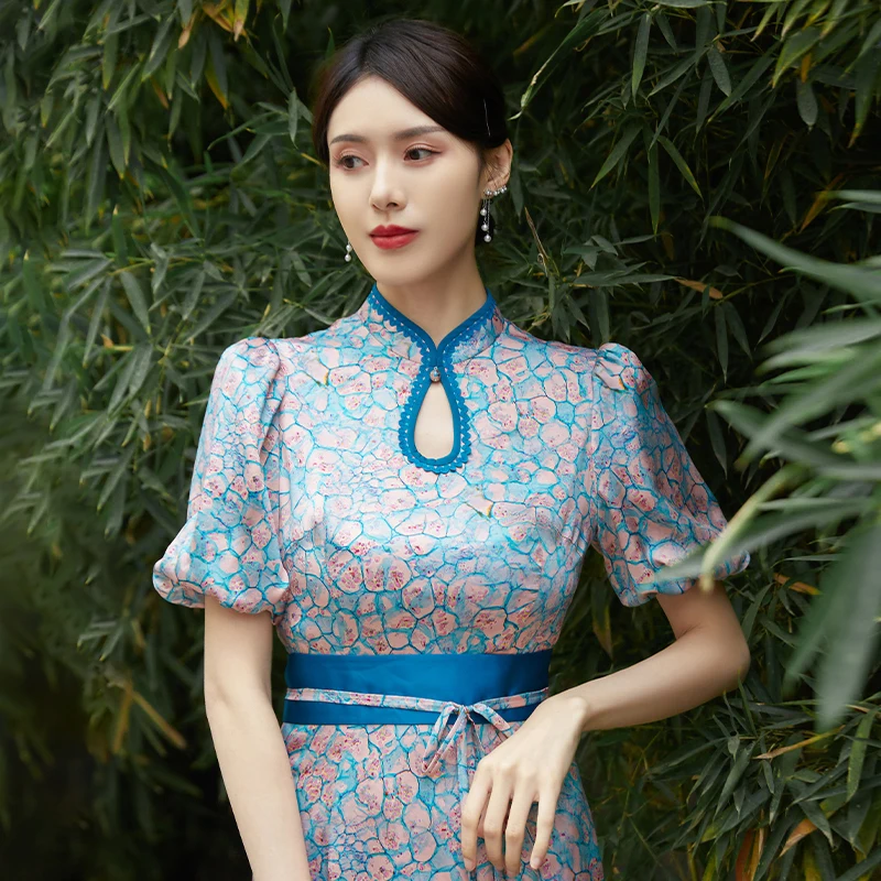 

SIMEIZI HANFU Silk Cheongsam 2023 New National Style Original Improved Blue Smoky Moon Printed Short Sleeve Dress Women's Dress