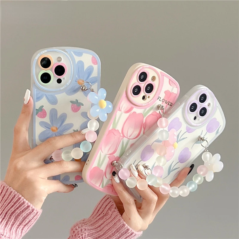 

2022 Trend for iphone 12 Pro Max 13 MiNi 11 XR X XS 7 8 plus SE 3 Lens Protective Cover 3D Flower Wrist Phone Chain Soft Phone