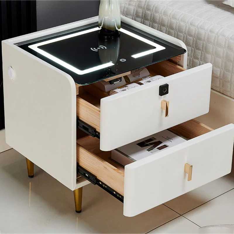 

Leather Smart Bedside Table Modern Style Wood Drawer Italian Wireless Charging Bluetooth White Auxiliary Mesa Noche Furniture