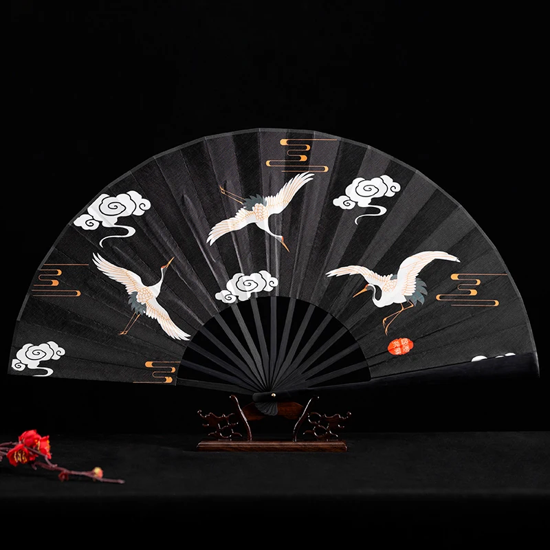 

10-Inch National Fashion Crane Illustration Folding Fan Chinese Style Han Costume Accessories Black Raw Silk Fan
