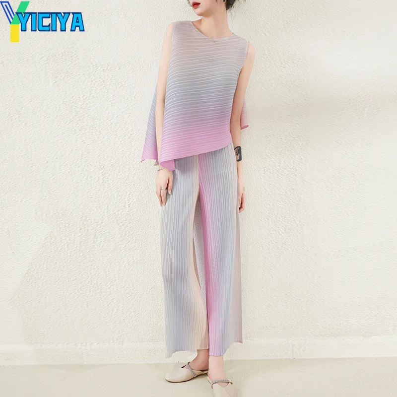 

YICIYA Pleated Fashion suit Korean Gentle Top Two-piece set age Reduction Leisure Fashion wide leg Pants. suit Female Summary