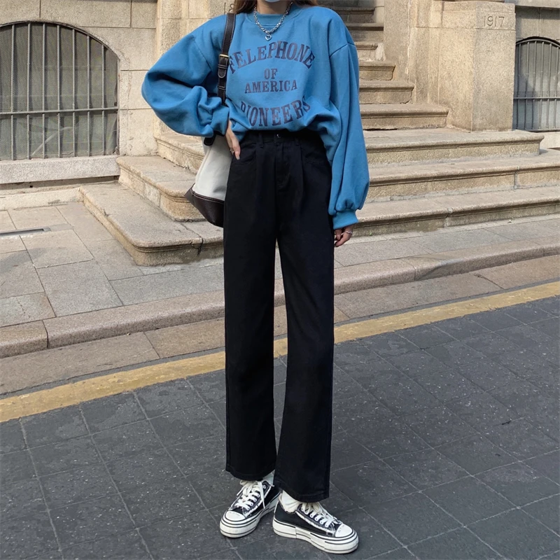 

N1586 New high-waisted straight black denim trousers