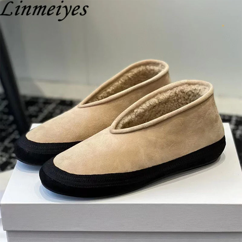 

Туфли женские замшевые на плоской подошве, роскошные качественные лоферы из воловьей кожи, с круглым носком, короткие сапоги на толстой подошве, теплая обувь для прогулок, зимние