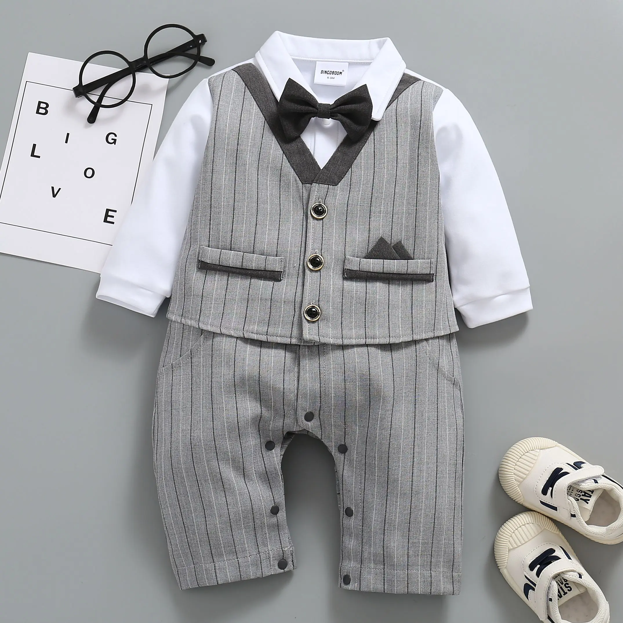 BINGOBOOM Newborn Baby Boy Romper Long Sleeves Infant Stripe Bow Neck Style Bebe Clothes Little Gentle Man 2 In 1 Babe Jumpsuit