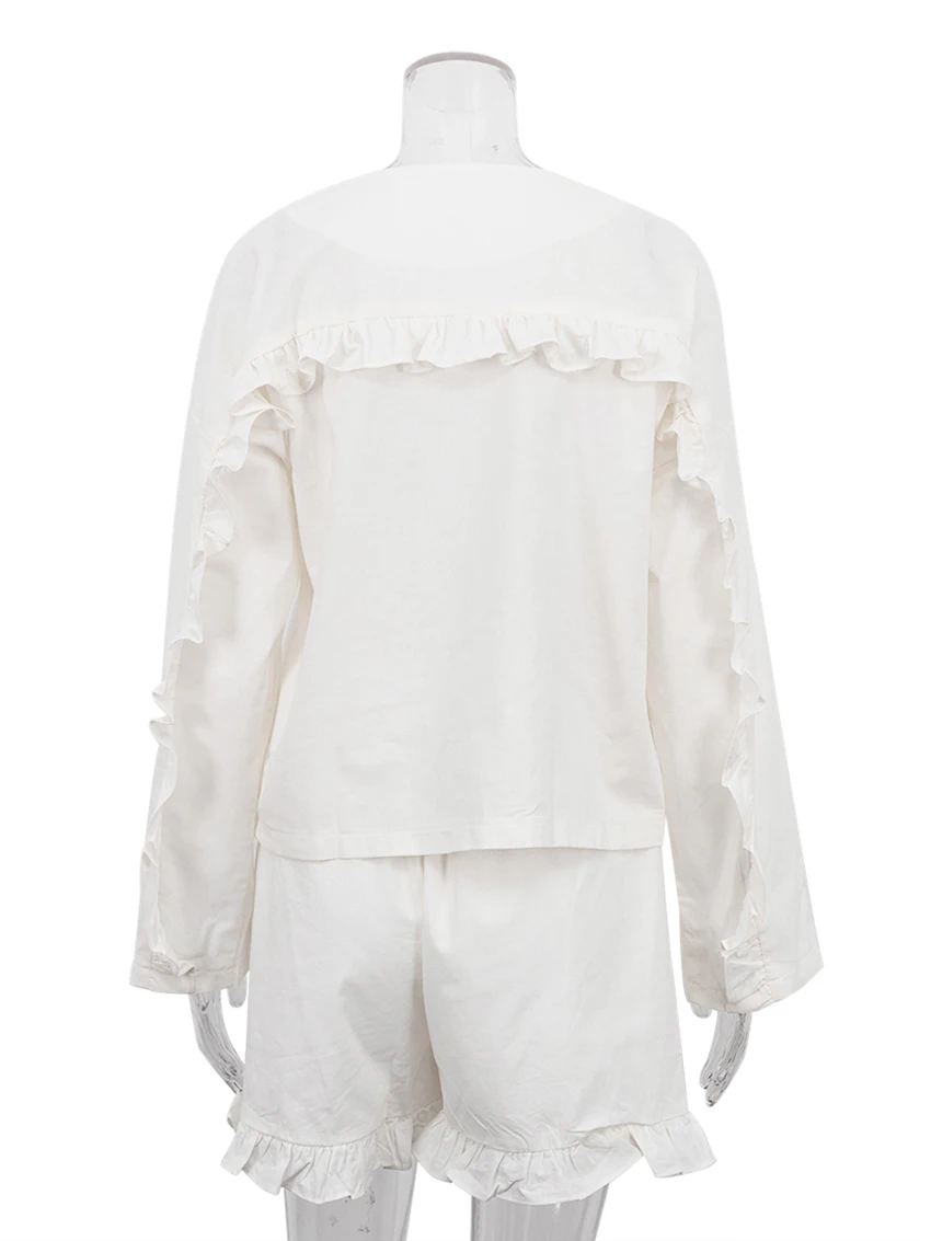 Marthaqiqi Fashion Peplum Women'S Pajama Set Sexy V-Neck Sleepwear Long Sleeve Nightwear Elastic Waist Shorts Femme Home Clothes