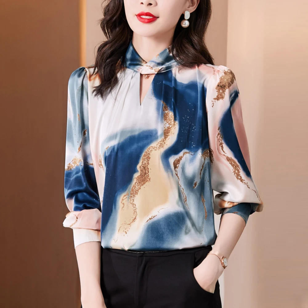 

Elegant Silk Satin Shirt Womens Long-sleeved Printed 2022 New Fashion Stand Collar Vintage Hollow Out Women's Blouses Tops
