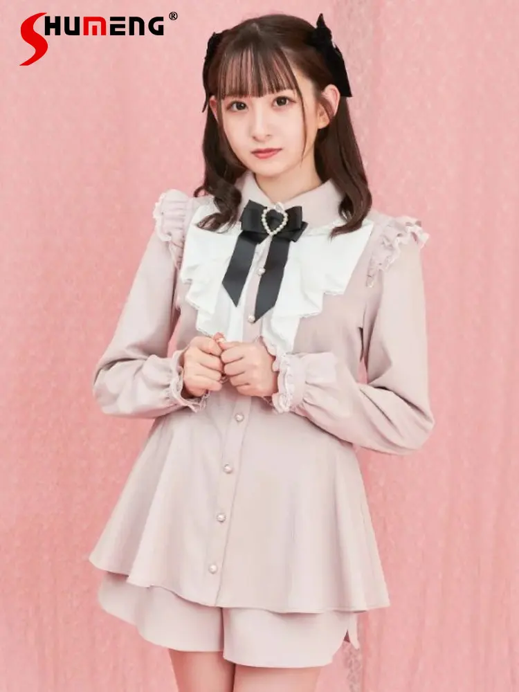 Japanese Women's Outfits 2022 New Luxury Lolita Sweet Bow Stand Collar Long Sleeve Mid-length Blouse and Shorts Set 2 Piece Suit