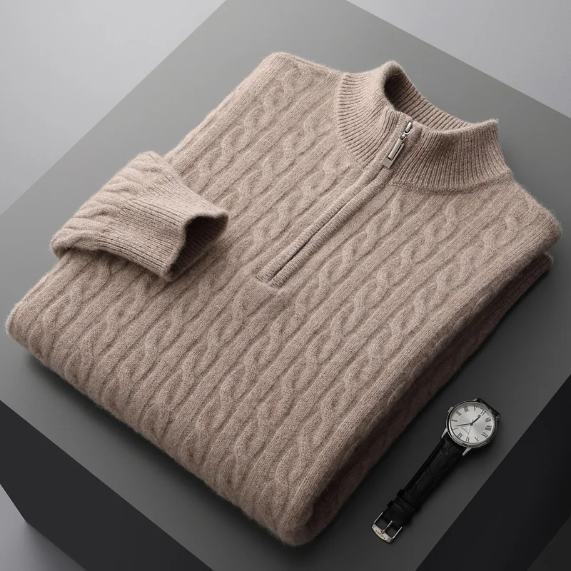 100% Merino Wool Pullover Men's Half High Zip Neck Knitwear Autumn Winter Heavy Twisted Sweater 1828
