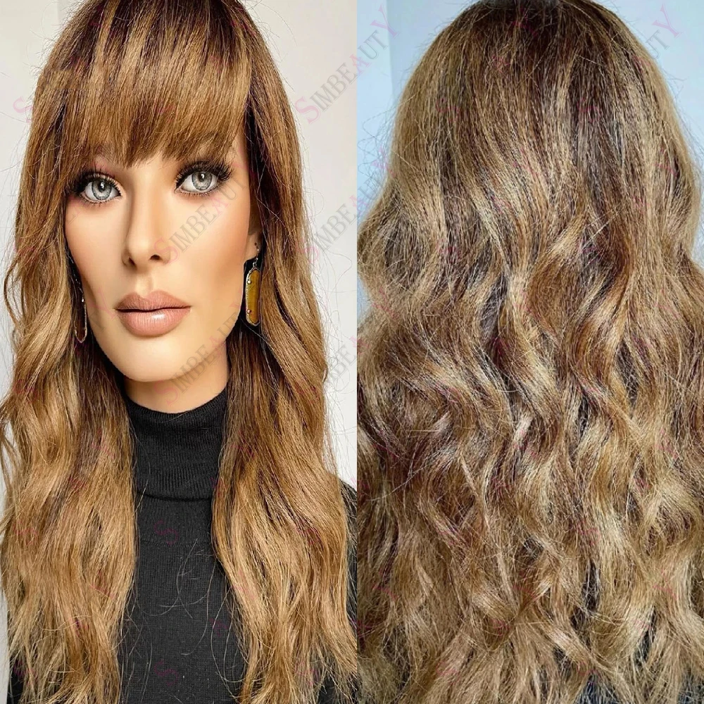 

Chestnut Brown Highlight Honey Blonde Bangs 360 Lace Frontal Wig Brazilian 13x6 Lace Front Human Hair Wig Fringe Glueless Remy
