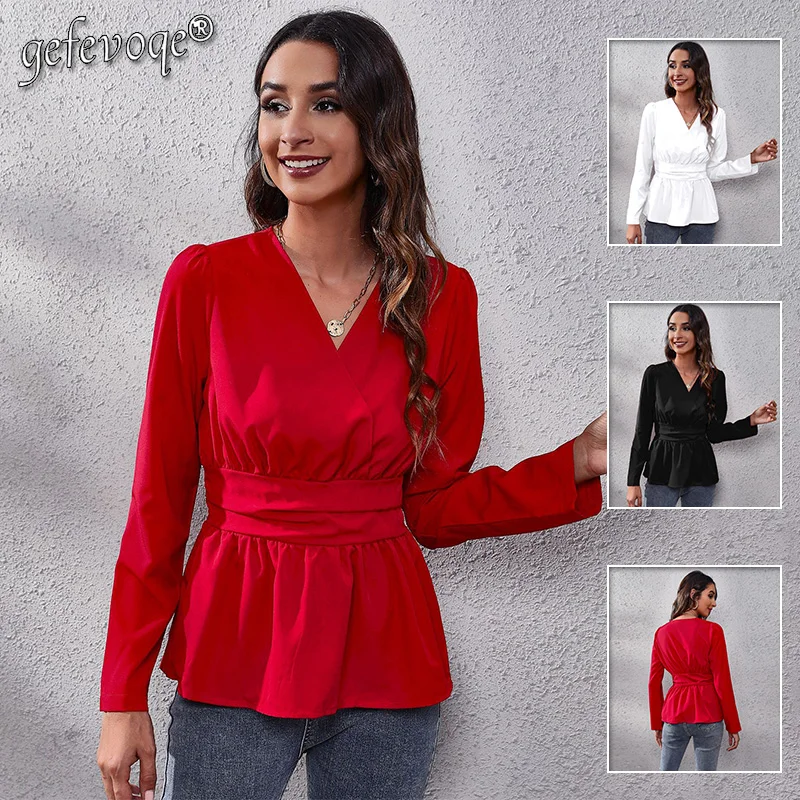 

Elegant Fashion Chiffon Shirt Spring Summer 2022 New Office Lady V-Neck Long Puff Sleeve Slim Pullovers Blouse Women's Clothing