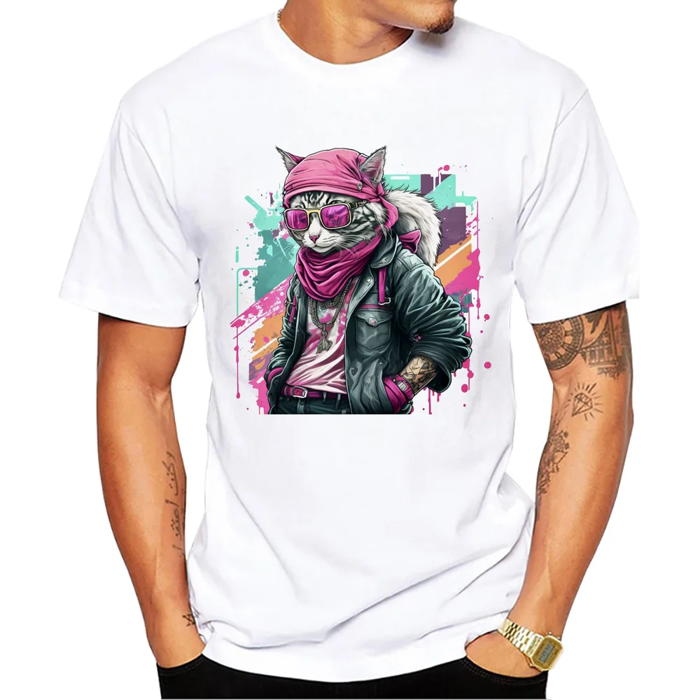 Teehub Vintage rosa Katze Herren Tops coole Katze drucken T-Shirt O-Ausschnitt Männer Kleidung Kurzarm männlich lässig Streetwear – Detail 4
