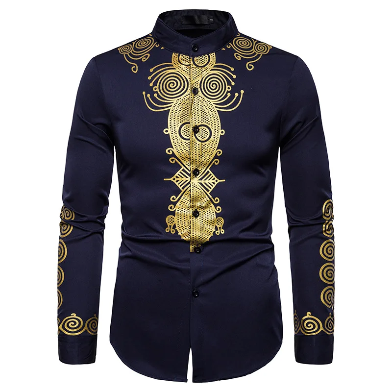 

Men Luxury Gold Printed Stand Collar Dress Shirts Wedding Party Prom Dinner Chemise Homme Long Sleeve Fashion Casual Men's Shirt